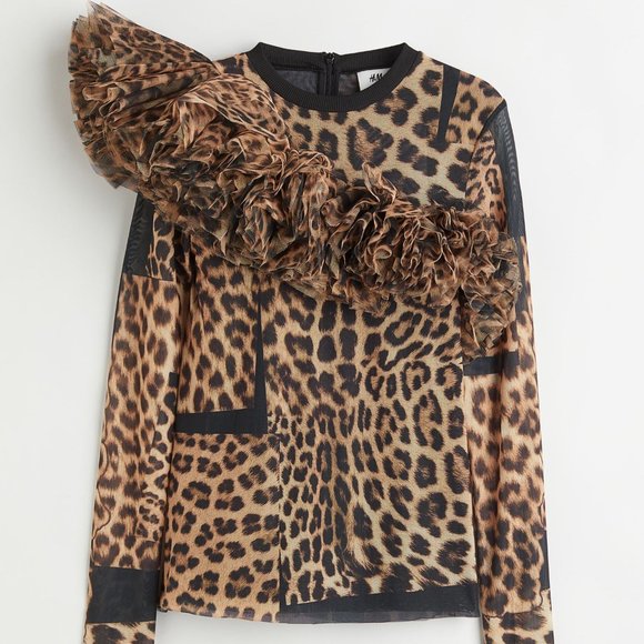 NWT H&M Studio Collection Flounce-trimmed Mesh Leopard Animal print Top Shirt XL - Picture 2 of 8